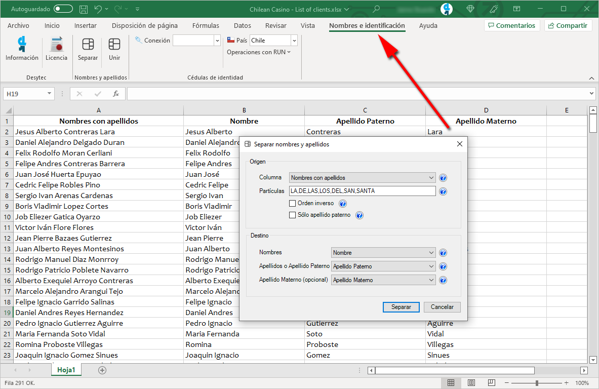 Complemento de Excel: nombre y apellido - cédula de identidad
